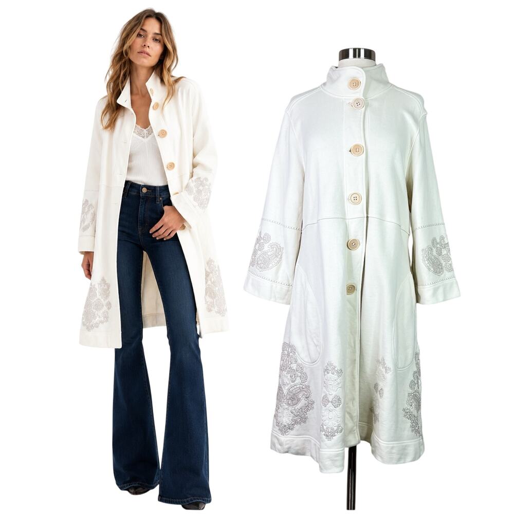 Johnny Was | White Paisley Embroidered Grey Cotton Button Front Jacket Large L